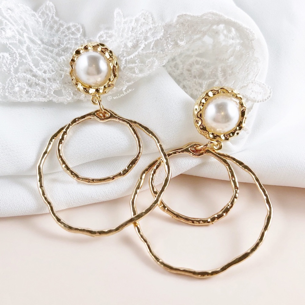Pearl Stud Double Hoop Dangle Earrings